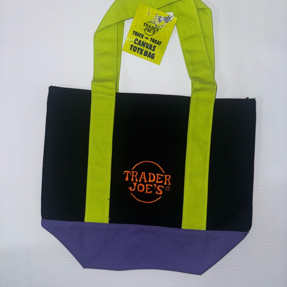 Trader Joe’s Black Canvas Tote with Lime Handles and Purple Base